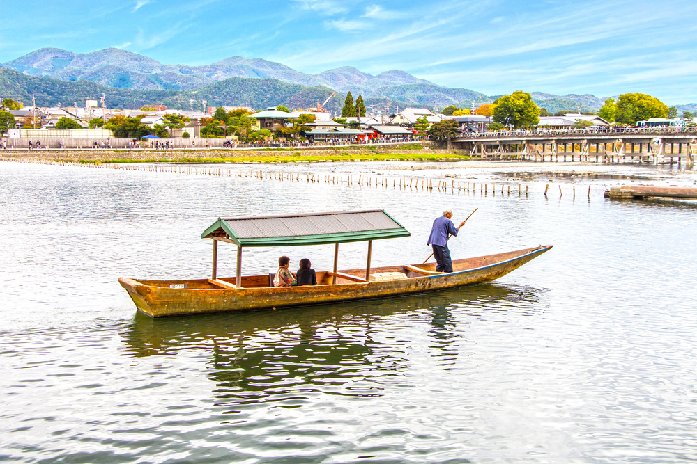 View of a pagoda on Katsura River in Arashiyama
